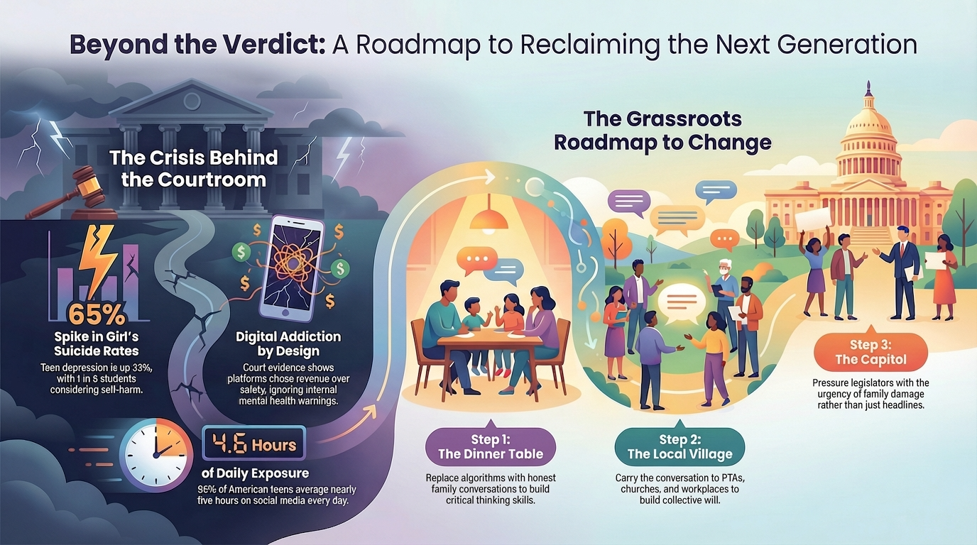Beyond the Verdict: A Roadmap to Reclaiming the Next Generation — 65% spike in girls' suicide rates, digital addiction by design, 4.6 hours daily exposure. Steps: 1. The Dinner Table, 2. The Local Village, 3. The Capitol.